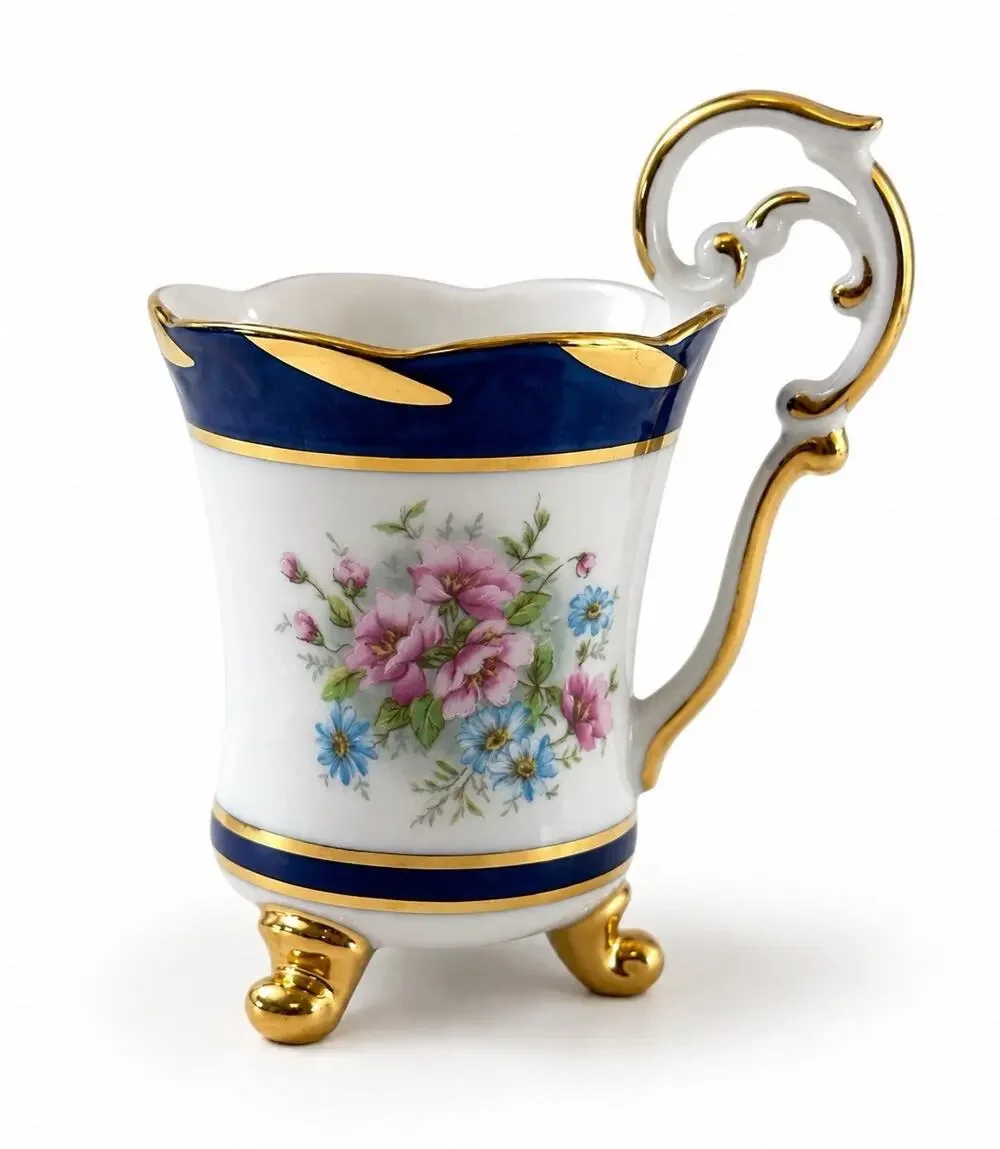 Amfora Bohemia Czech Republic Porcelain Footed Teacup Floral Cobalt Blue Gold